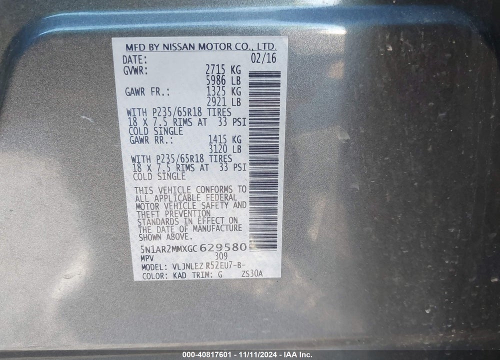 2016 NISSAN PATHFINDER VIN: 5N1AR2MMXGC629580