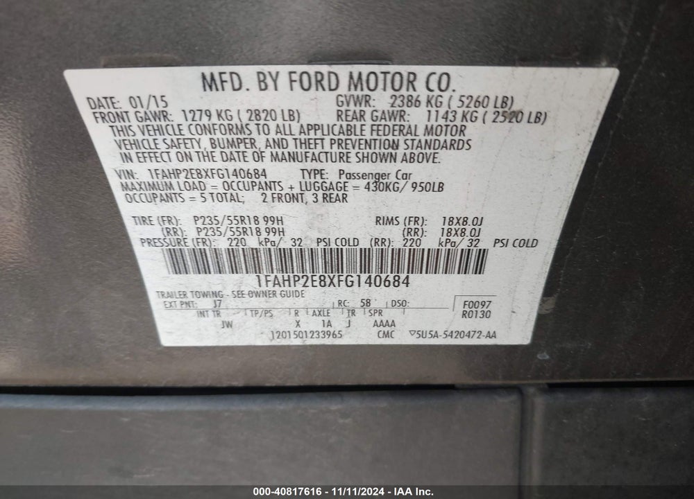 2015 FORD TAURUS SEL VIN: 1FAHP2E8XFG140684