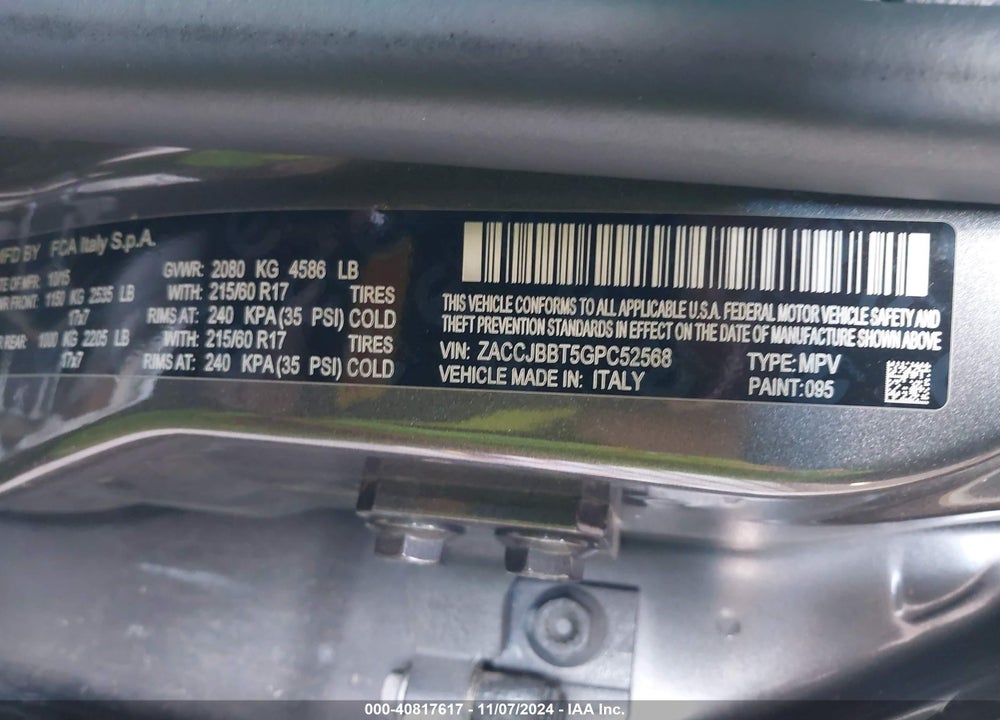 2016 JEEP RENEGADE LATITUDE VIN: ZACCJBBT5GPC52568