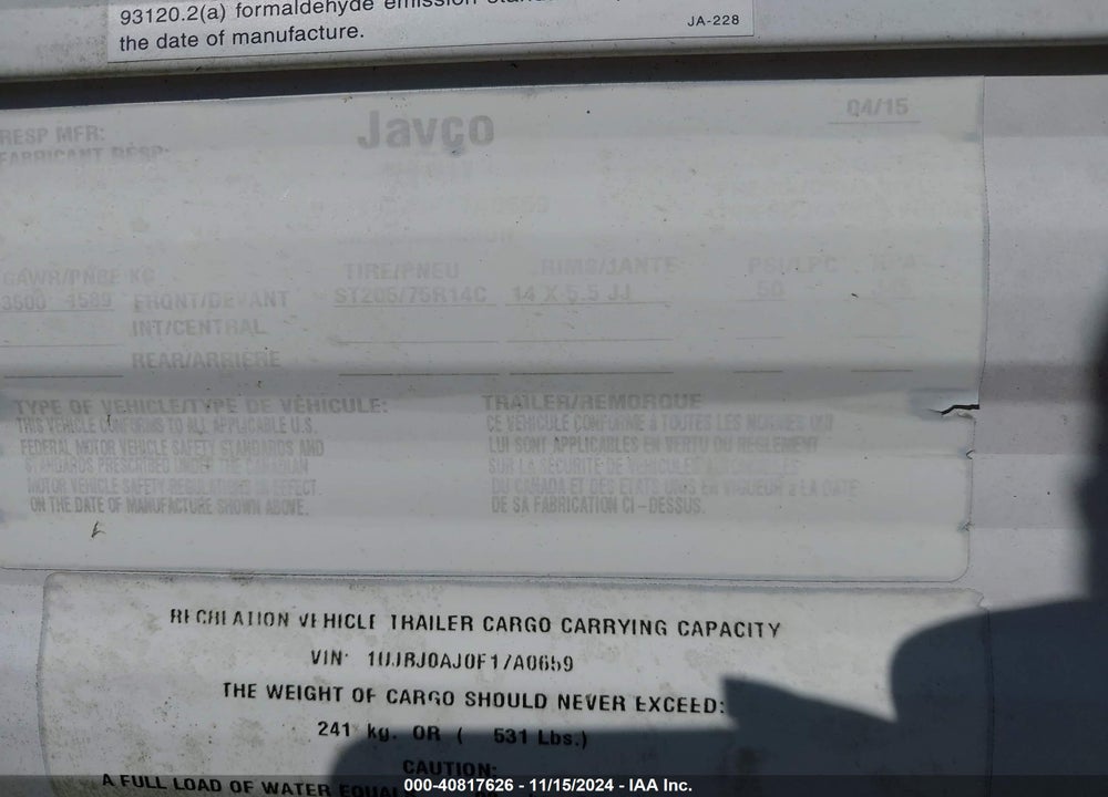 2015 JAYCO JAYFLIGHT TRAVEL TRAILER VIN: 1UJBJOAJOF17A0659