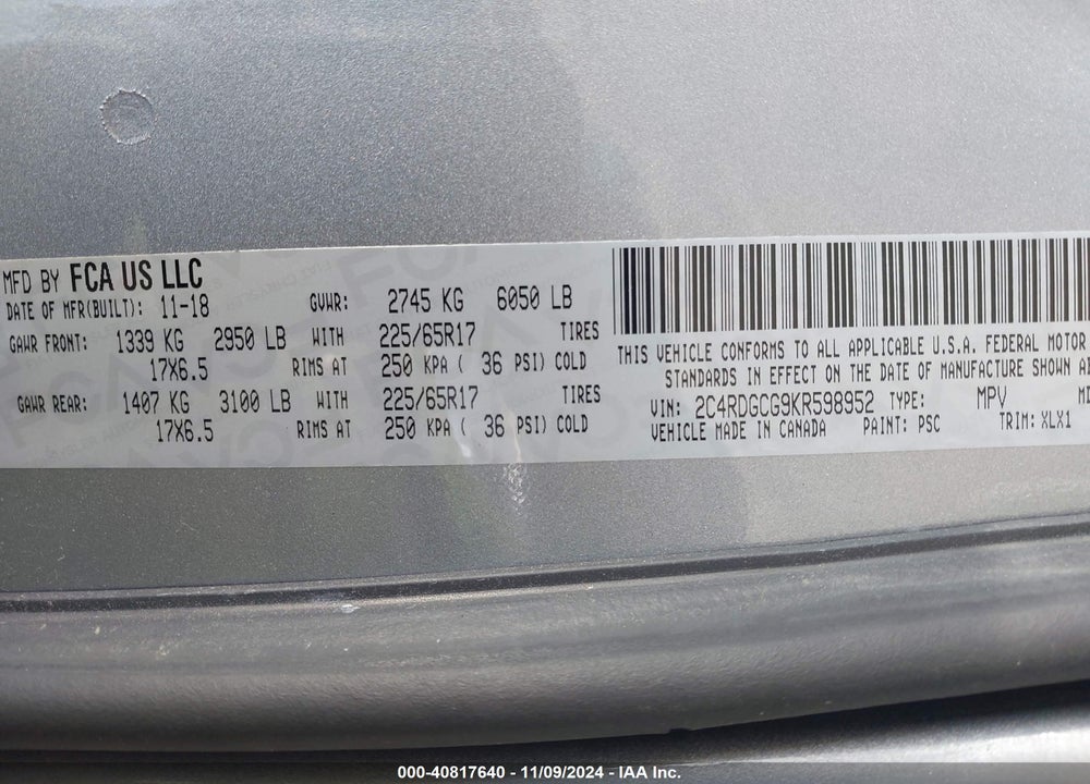 2019 DODGE GRAND CARAVAN SXT VIN: 2C4RDGCG9KR598952
