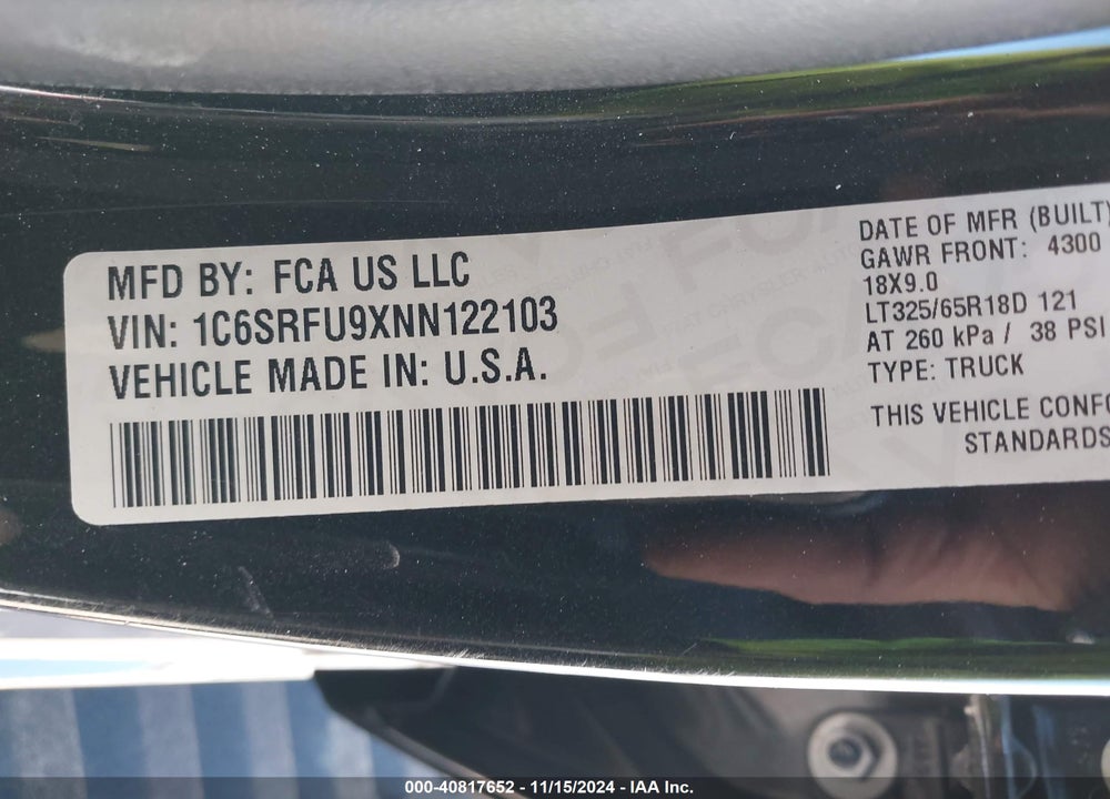 2022 RAM 1500 TRX 4X4 5'7 BOX VIN: 1C6SRFU9XNN122103