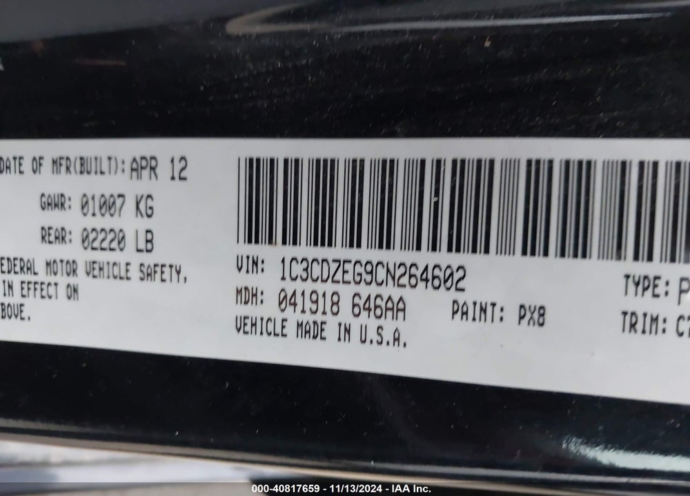2012 DODGE AVENGER SXT PLUS VIN: 1C3CDZEG9CN264602