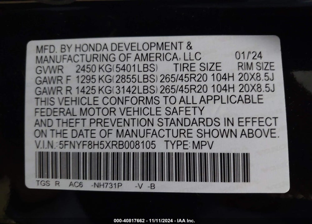 2024 HONDA PASSPORT AWD EX-L VIN: 5FNYF8H5XRB008105