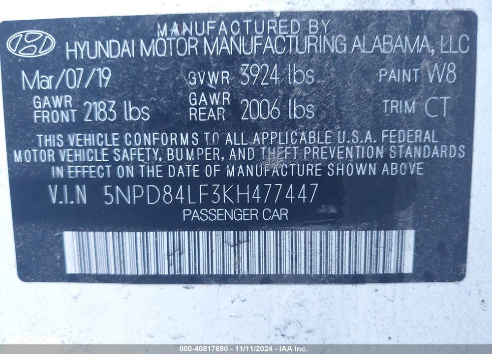 2019 HYUNDAI ELANTRA VALUE EDITION VIN: 5NPD84LF3KH477447