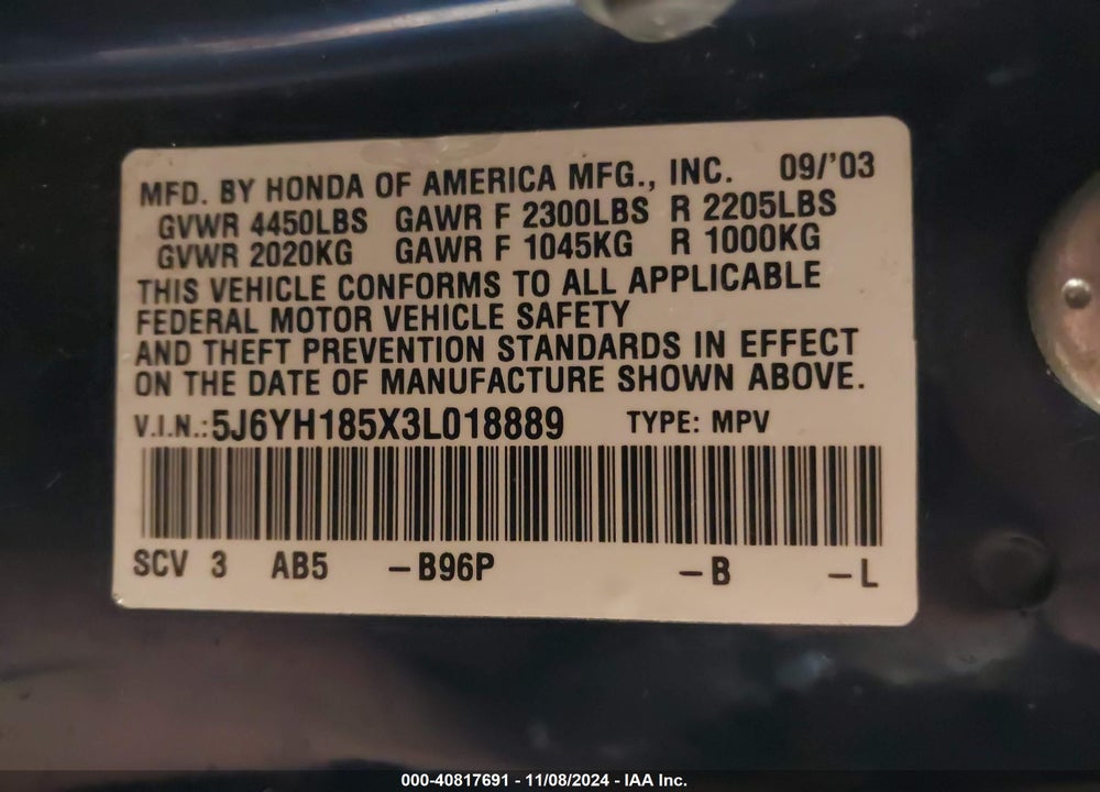 2003 HONDA ELEMENT EX VIN: 5J6YH185X3L018889