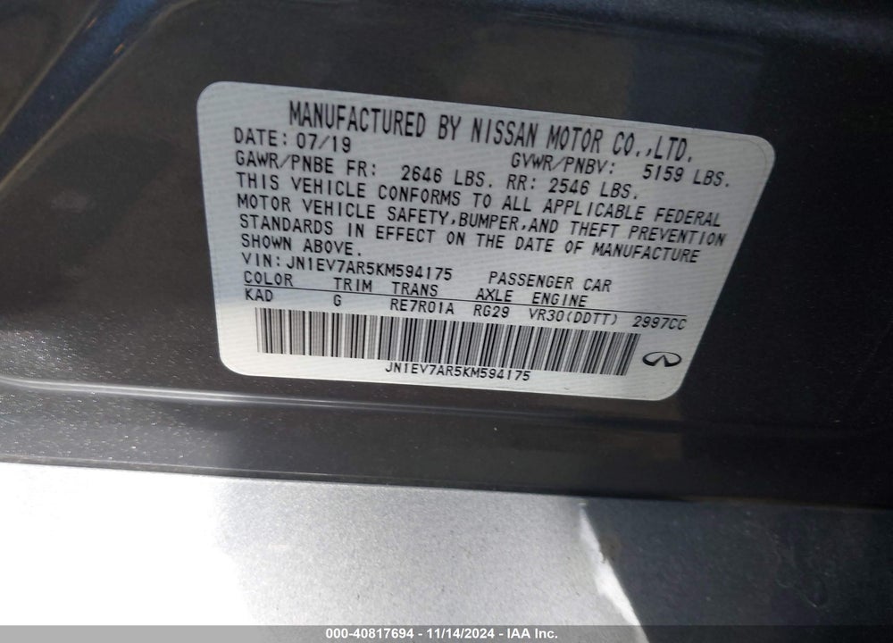 2019 INFINITI Q50 3.0T LUXE VIN: JN1EV7AR5KM594175