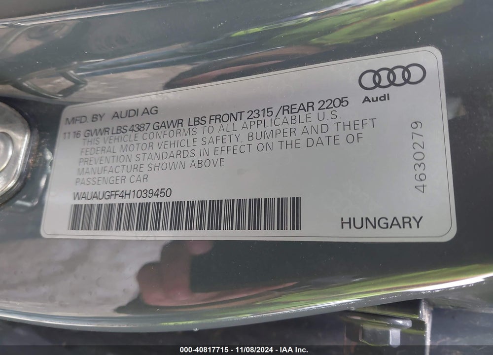 2017 AUDI A3 2.0T PREMIUM VIN: WAUAUGFF4H1039450