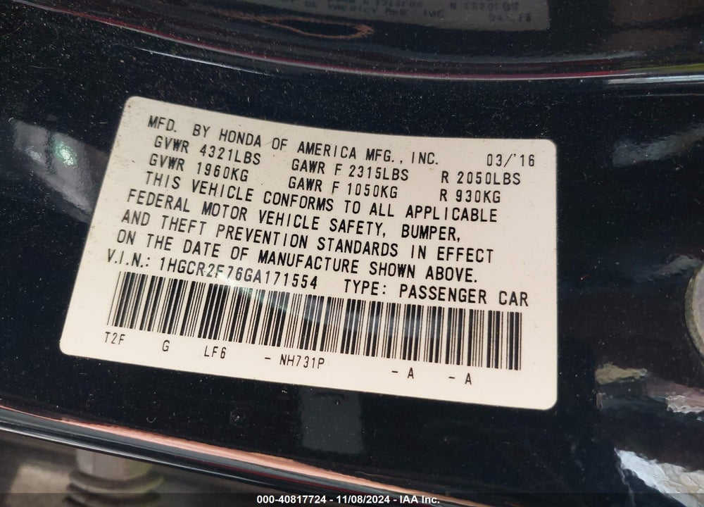 2016 HONDA ACCORD EX VIN: 1HGCR2F76GA171554