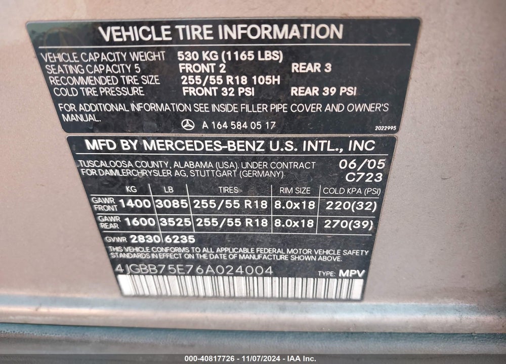 2006 MERCEDES-BENZ M-CLASS 5.0L VIN: 4JGBB75E76A024004