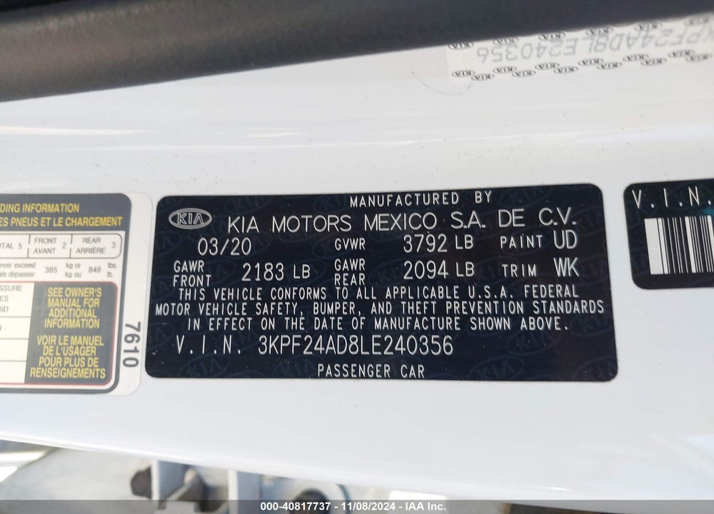 2020 KIA FORTE LXS VIN: 3KPF24AD8LE240356