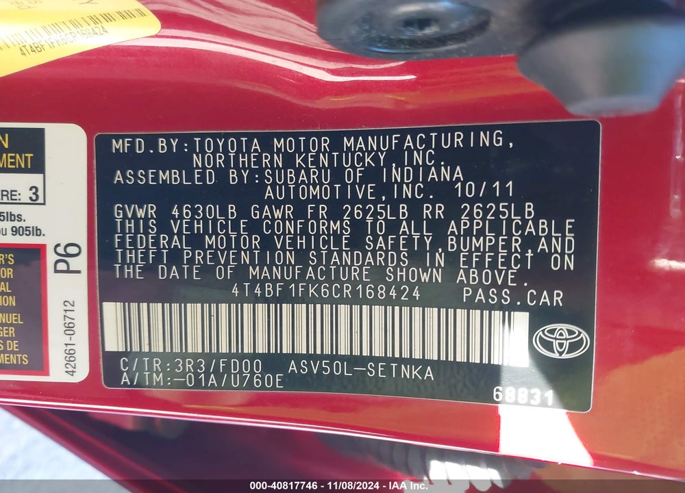 2012 TOYOTA CAMRY LE VIN: 4T4BF1FK6CR168424