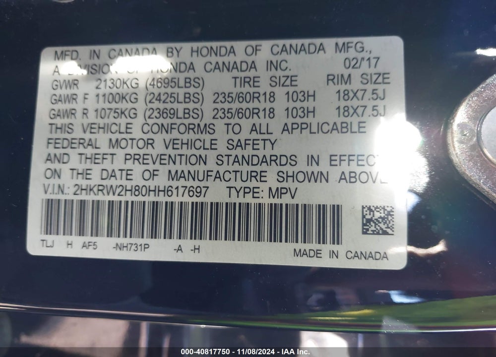 2017 HONDA CR-V EX-L/EX-L NAVI VIN: 2HKRW2H80HH617697