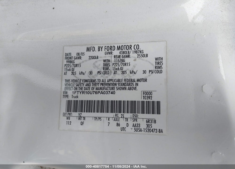 2006 FORD RANGER SPORT/STX/XL/XLT VIN: 1FTYR10U76PA03740