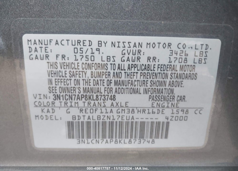 2019 NISSAN VERSA 1.6 SV VIN: 3N1CN7AP8KL873748