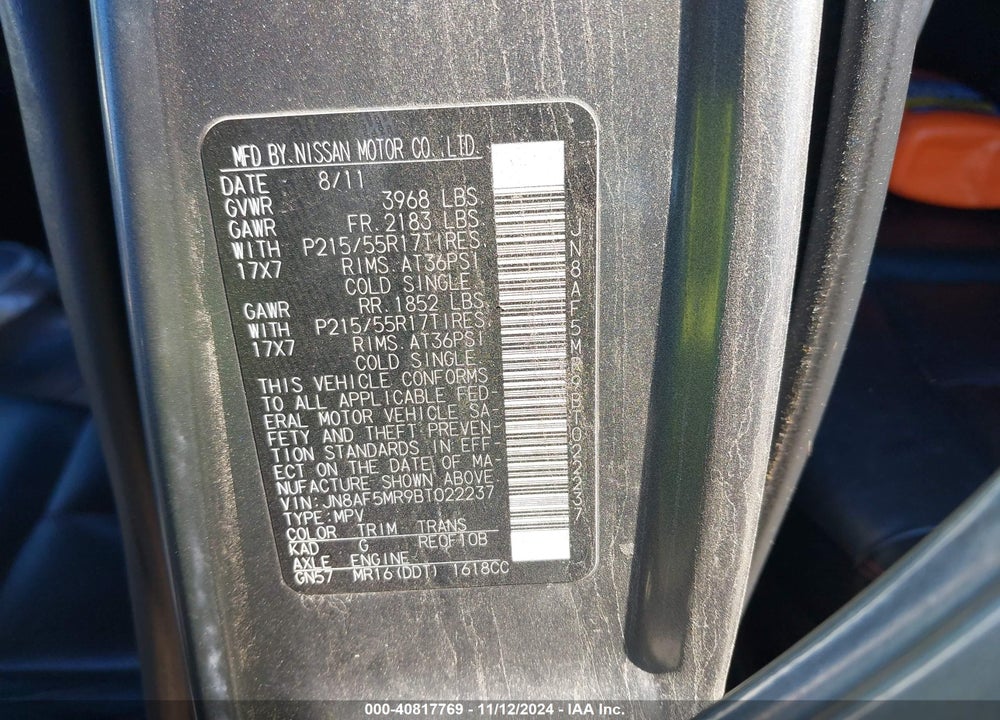 2011 NISSAN JUKE SL VIN: JN8AF5MR9BT022237