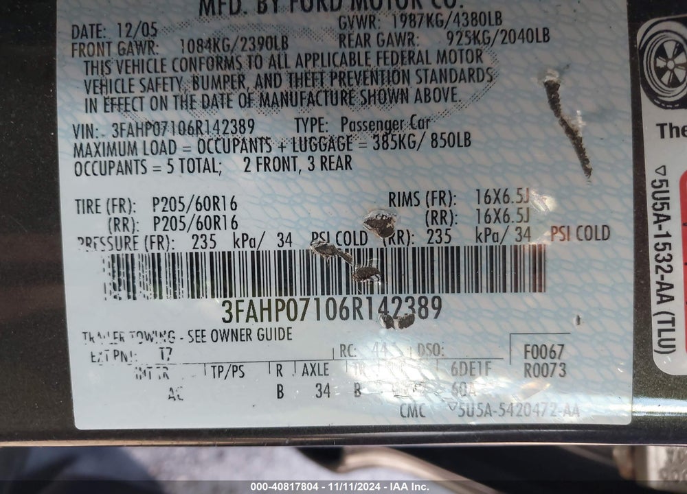 2006 FORD FUSION SE VIN: 3FAHP07106R142389