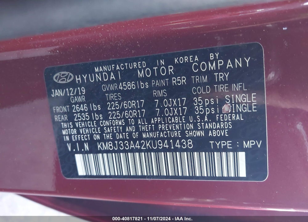 2019 HYUNDAI TUCSON VALUE VIN: KM8J33A42KU941438