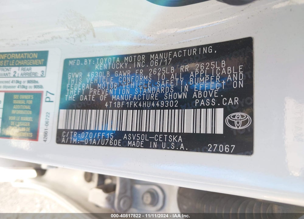 2017 TOYOTA CAMRY SE VIN: 4T1BF1FK4HU449302