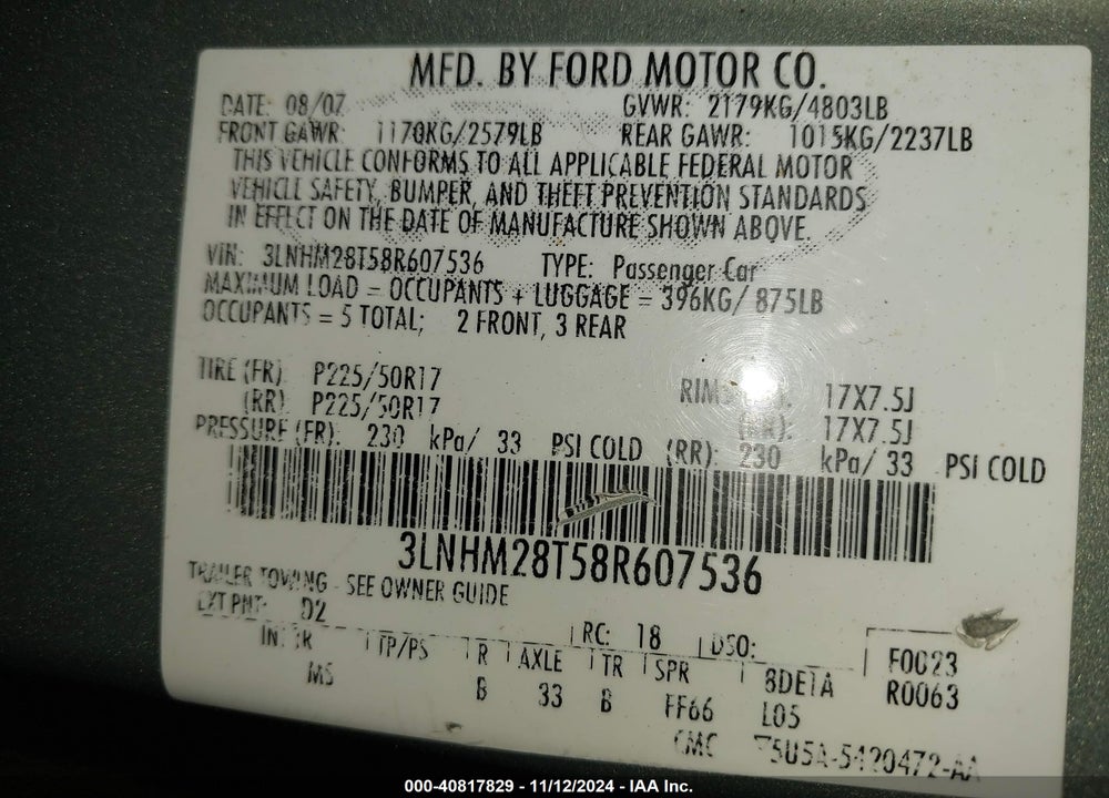 2008 LINCOLN MKZ VIN: 3LNHM28T58R607536