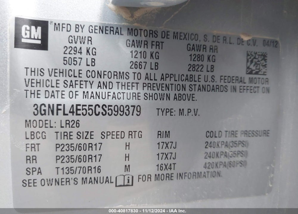 2012 CHEVROLET CAPTIVA SPORT FLEET LTZ VIN: 3GNFL4E55CS599379