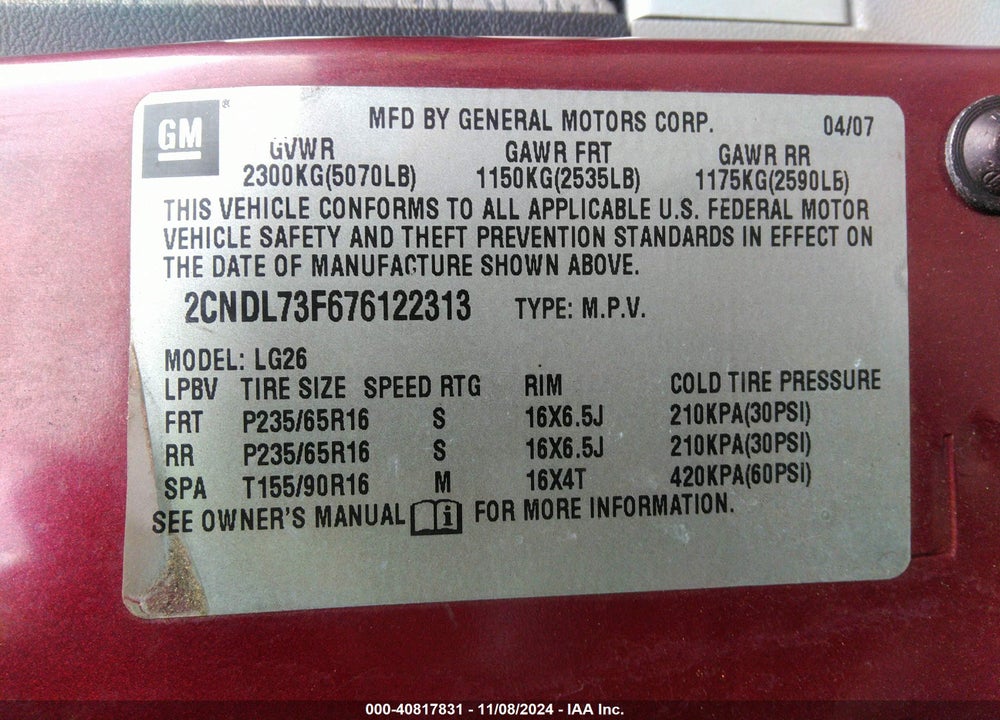 2007 CHEVROLET EQUINOX LT VIN: 2CNDL73F676122313