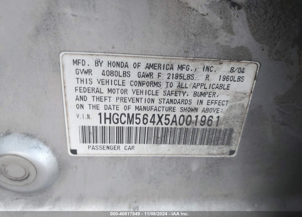 2005 HONDA ACCORD 2.4 LX VIN: 1HGCM564X5A001961