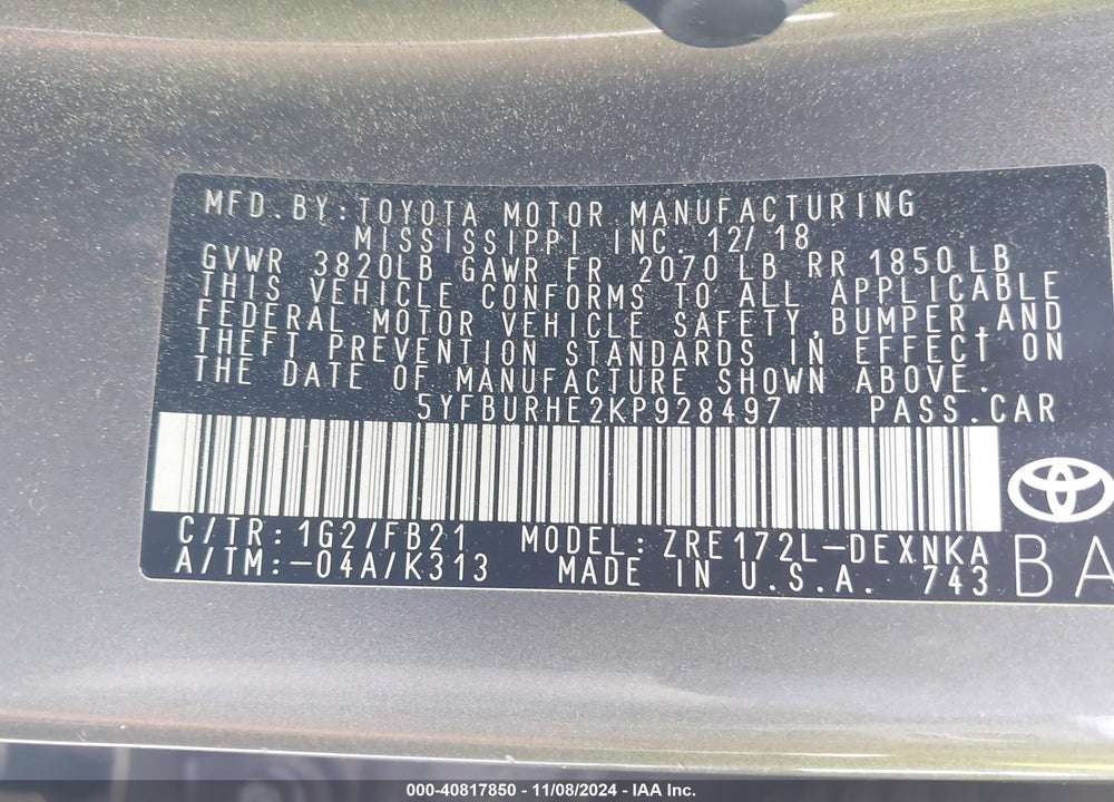 2019 TOYOTA COROLLA LE VIN: 5YFBURHE2KP928497