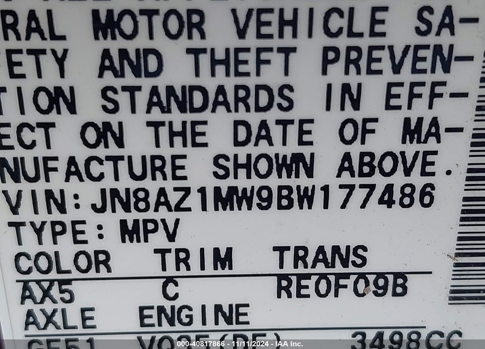 2011 NISSAN MURANO SL VIN: JN8AZ1MW9BW177486