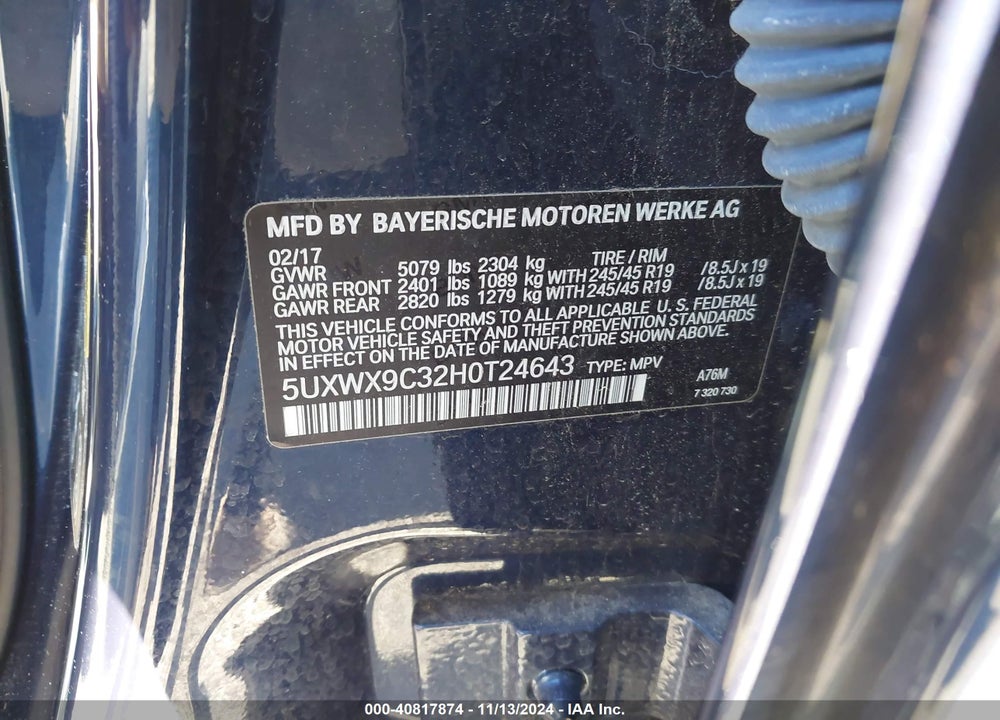 2017 BMW X3 XDRIVE28I VIN: 5UXWX9C32H0T24643