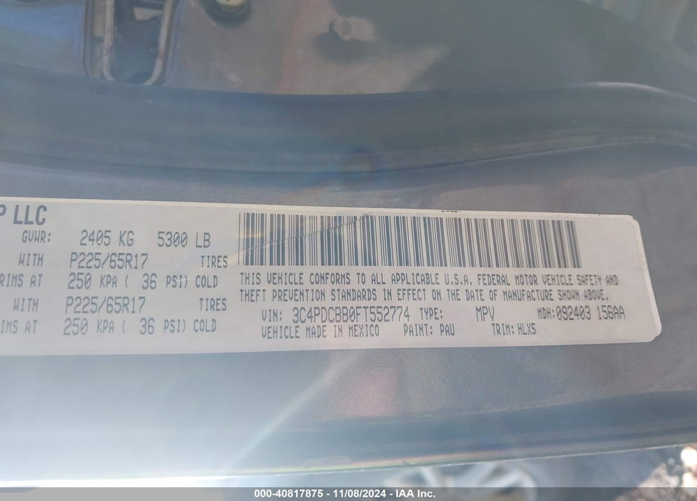 2015 DODGE JOURNEY SXT VIN: 3C4PDCBB0FT552774