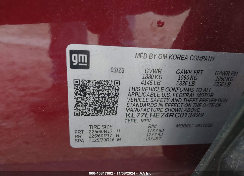 2024 CHEVROLET TRAX FWD LT VIN: KL77LHE24RC013499