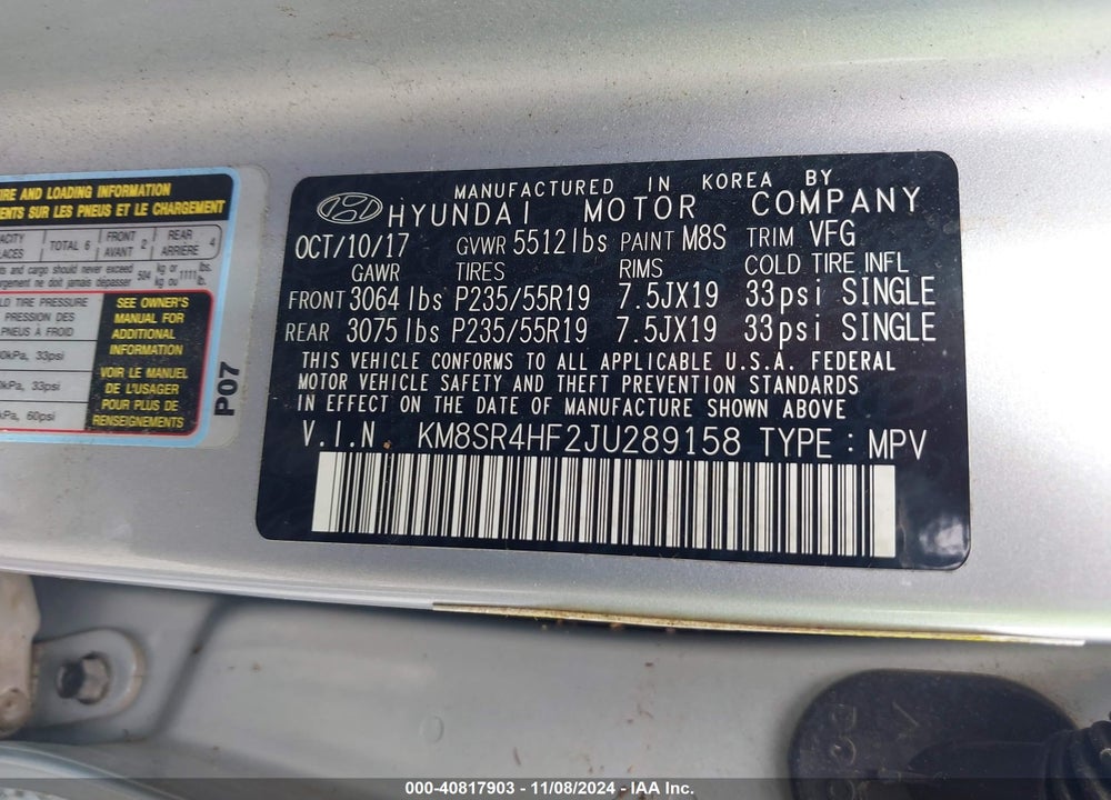2018 HYUNDAI SANTA FE LIMITED ULTIMATE VIN: KM8SR4HF2JU289158