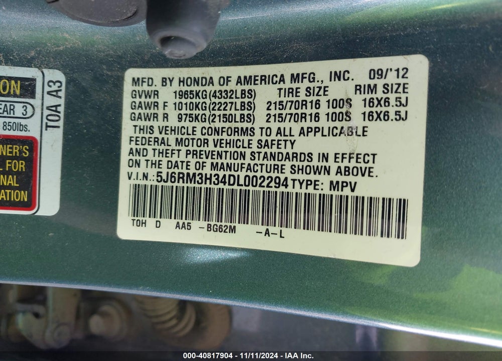 2013 HONDA CR-V LX VIN: 5J6RM3H34DL002294