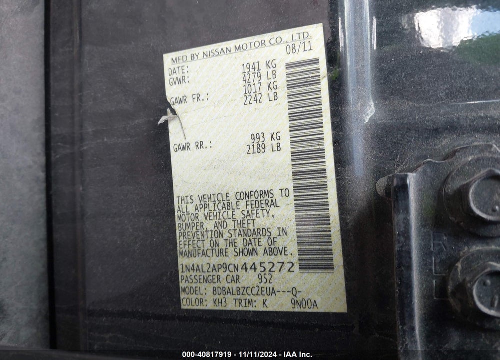 2012 NISSAN ALTIMA 2.5 S VIN: 1N4AL2AP9CN445272