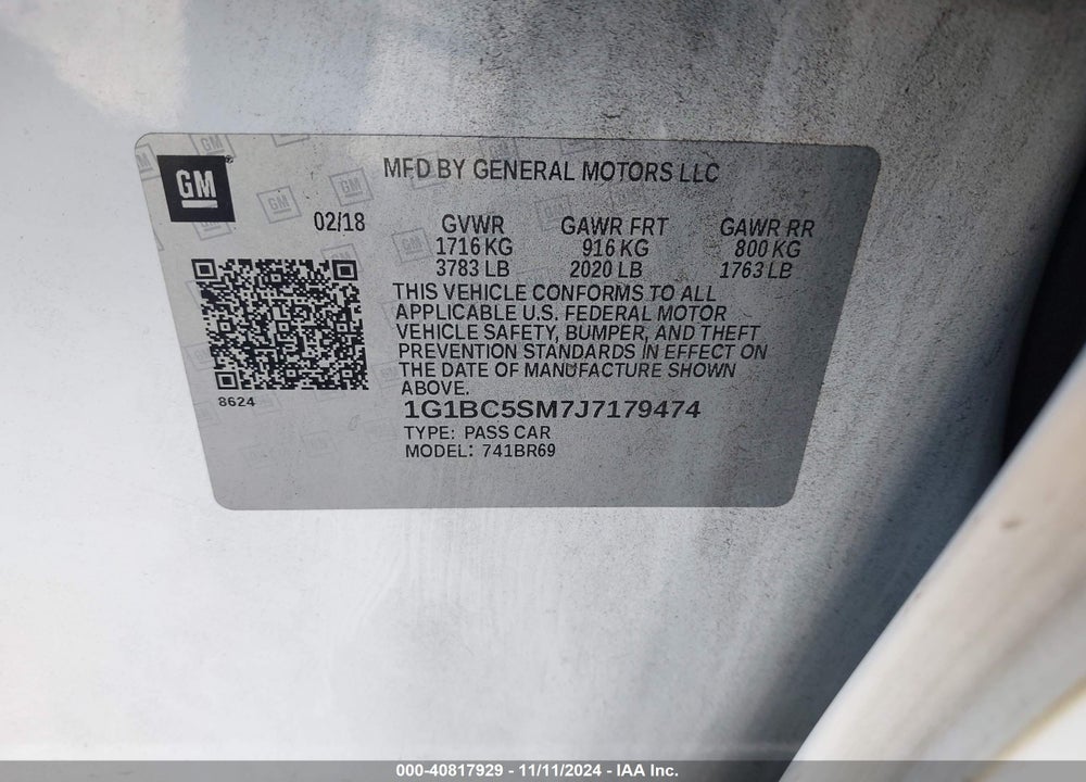 2018 CHEVROLET CRUZE LS AUTO VIN: 1G1BC5SM7J7179474