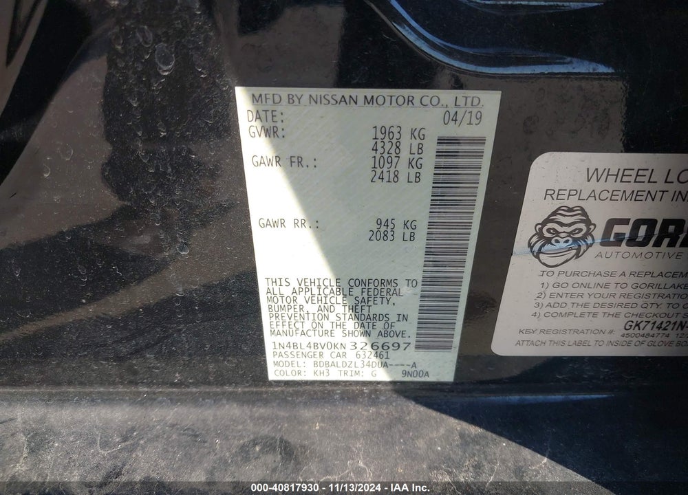 2019 NISSAN ALTIMA VIN: 1N4BL4BV0KN326697