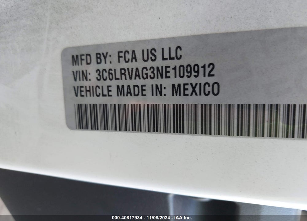 2022 RAM PROMASTER 1500 LOW ROOF 136 WB VIN: 3C6LRVAG3NE109912