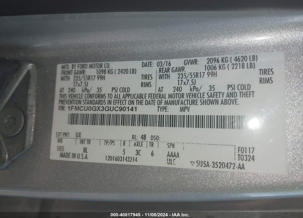 2016 FORD ESCAPE SE VIN: 1FMCU0GX3GUC90141
