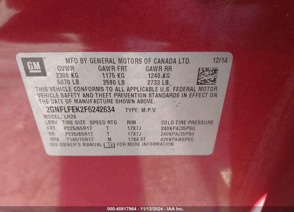 2015 CHEVROLET EQUINOX 1LT VIN: 2GNFLFEK2F6242634