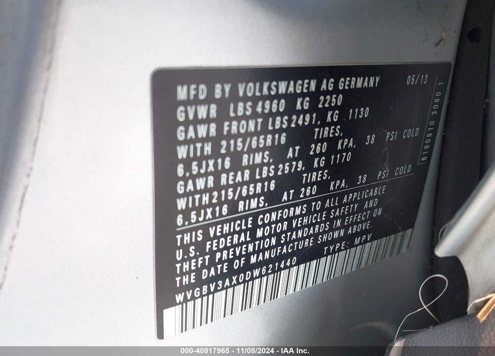 2013 VOLKSWAGEN TIGUAN S VIN: WVGBV3AX0DW621440
