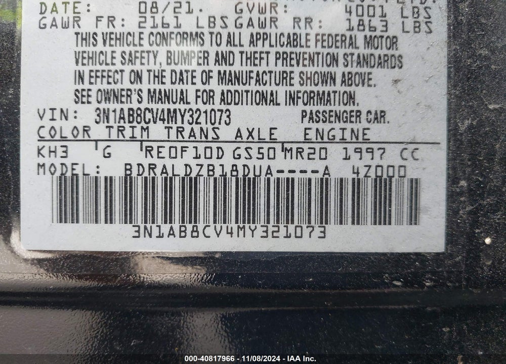 2021 NISSAN SENTRA SV XTRONIC CVT VIN: 3N1AB8CV4MY321073