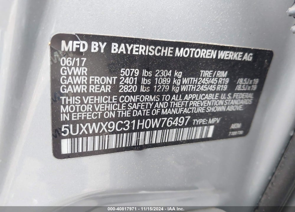 2017 BMW X3 XDRIVE28I VIN: 5UXWX9C31H0W76497