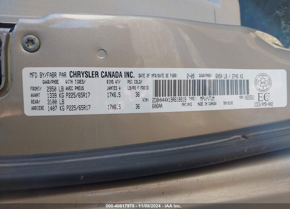 2009 DODGE GRAND CARAVAN SE VIN: 2D8HN44X19R618919