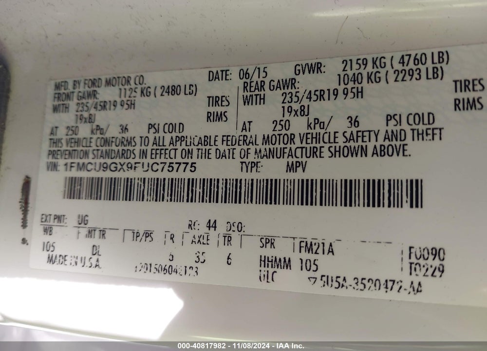 2015 FORD ESCAPE SE VIN: 1FMCU9GX9FUC75775