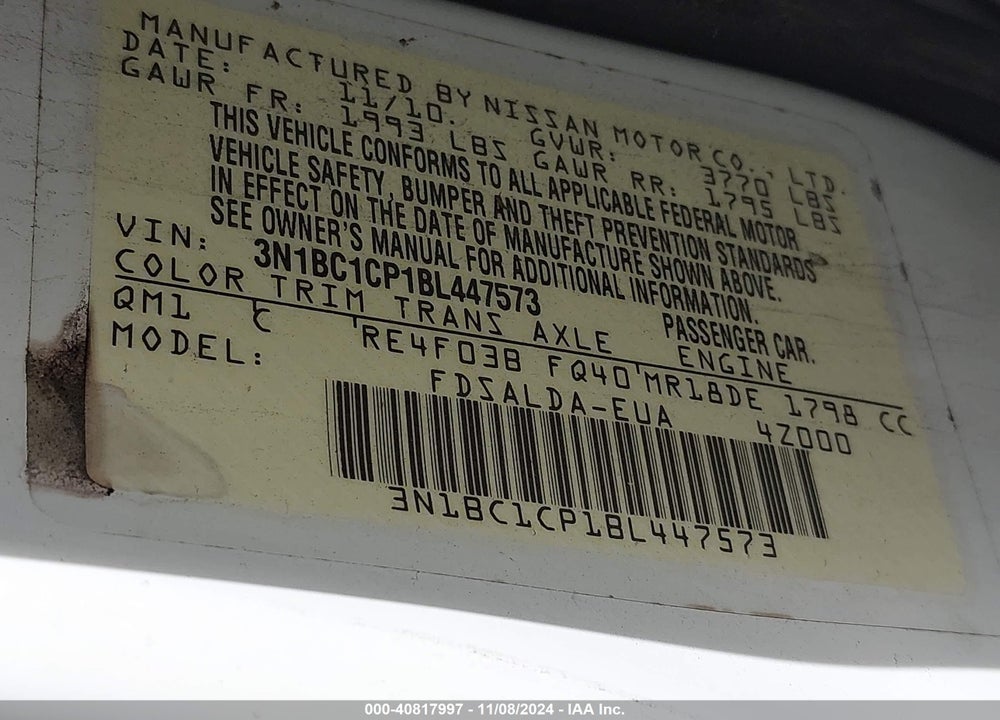 2011 NISSAN VERSA 1.8S VIN: 3N1BC1CP1BL447573