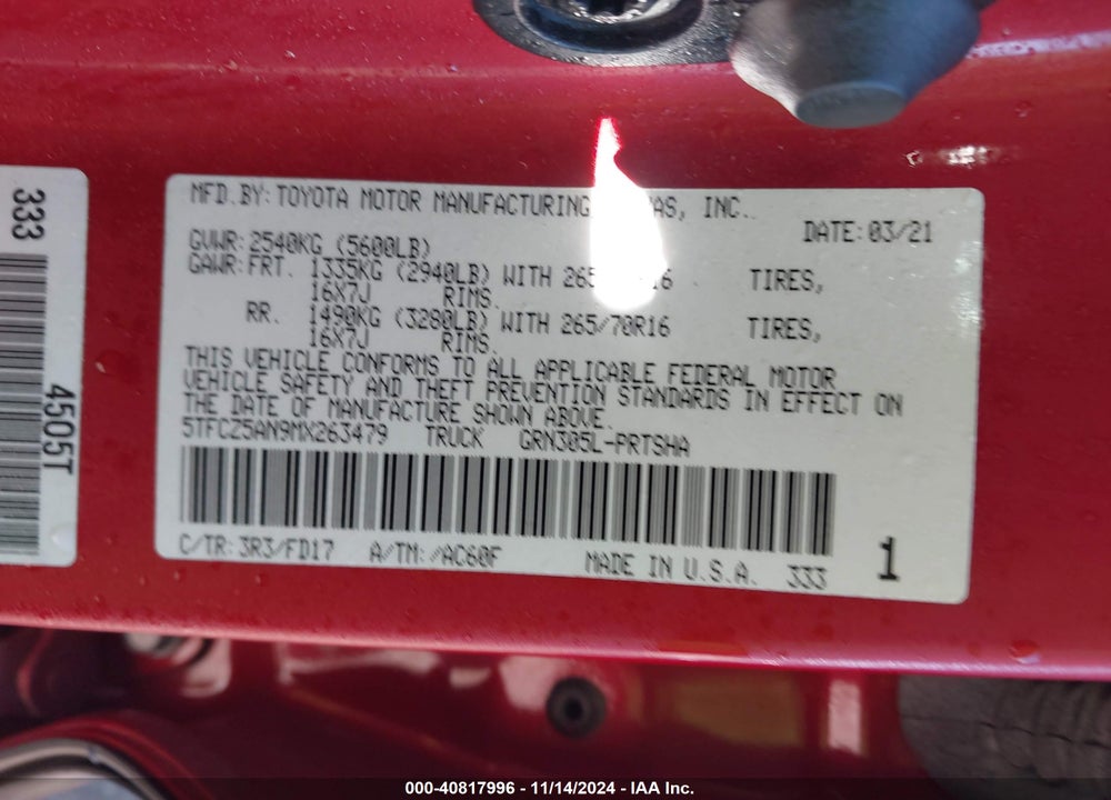2021 TOYOTA TACOMA TRD OFF ROAD VIN: 5TFCZ5AN9MX263479