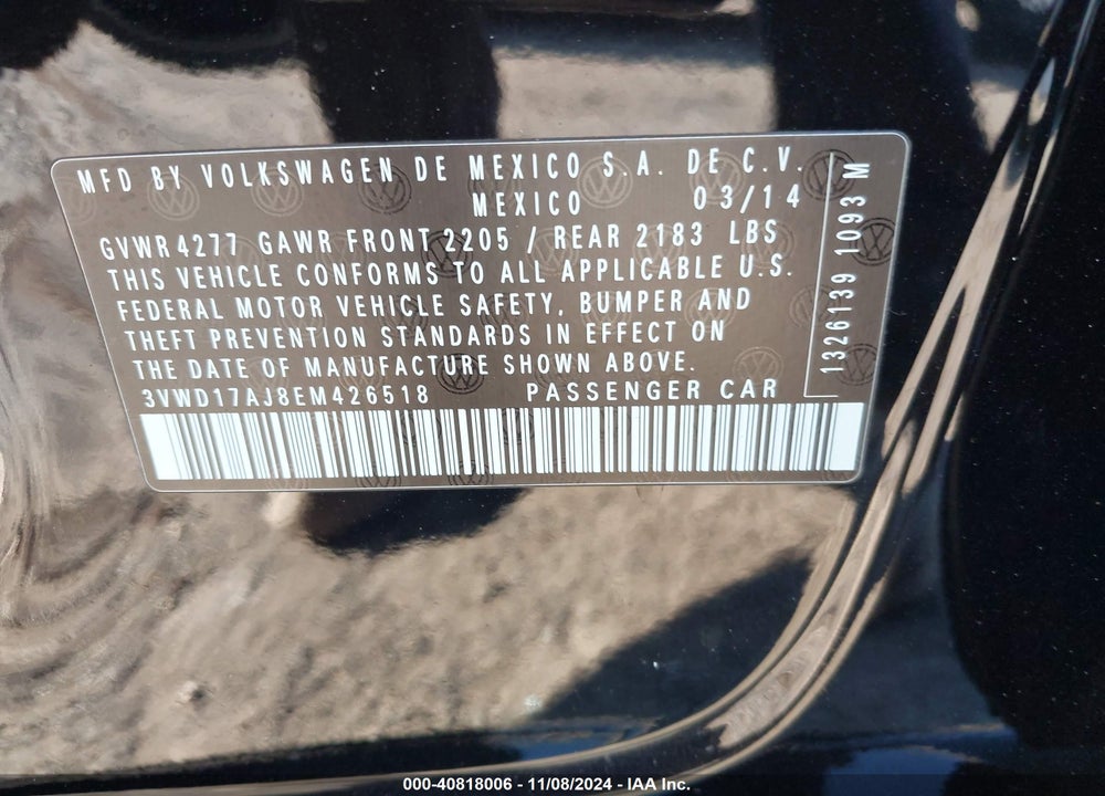 2014 VOLKSWAGEN JETTA 1.8T SE VIN: 3VWD17AJ8EM426518