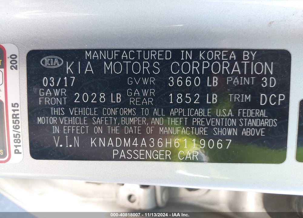 2017 KIA RIO LX VIN: KNADM4A36H6119067