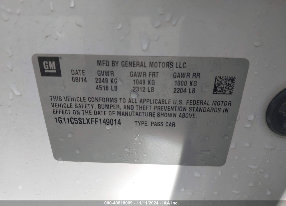 2015 CHEVROLET MALIBU 1LT VIN: 1G11C5SLXFF149014